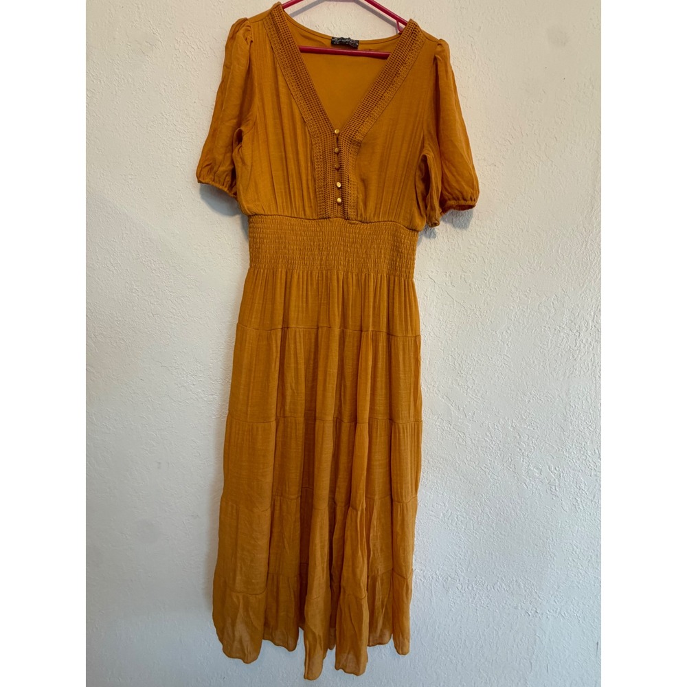 J. Glee Mustard Yellow Tiered Midi Dress Crochet Lace V-Neck Smocked Waist M